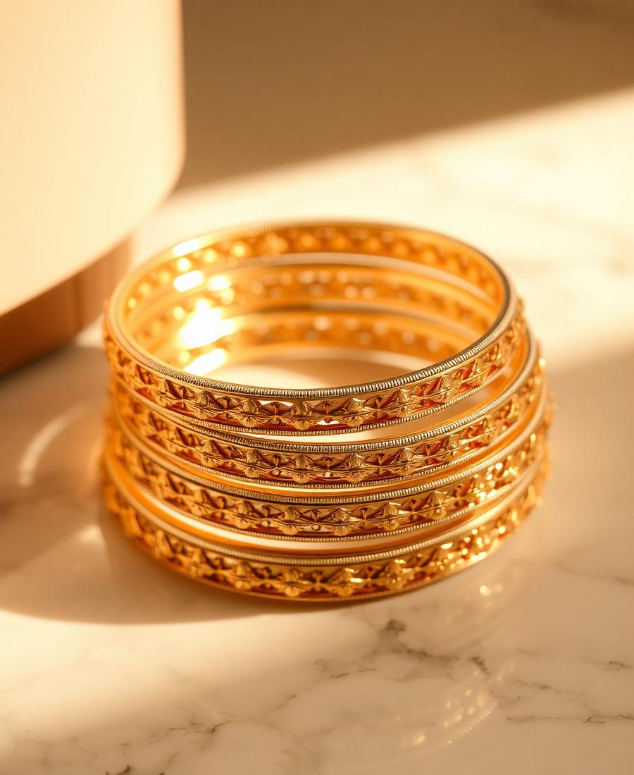 Stack of carved traditional gold bangles on marble