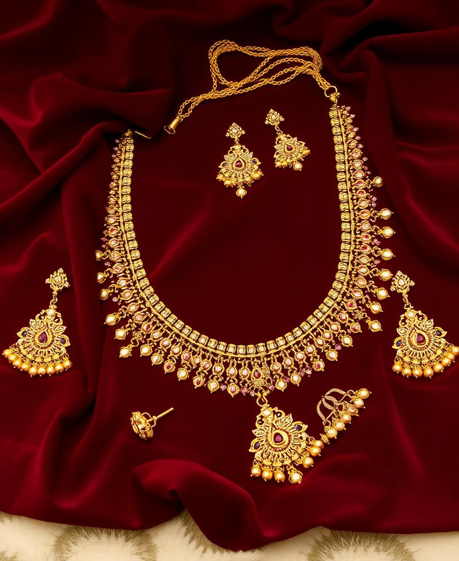 Complete bridal jewellery set on maroon velvet