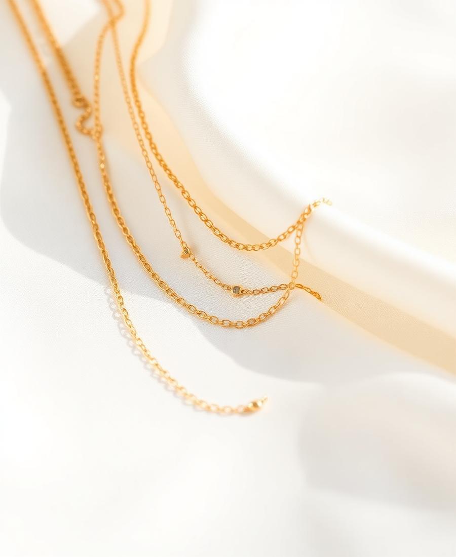Delicate layered gold chains on ivory silk