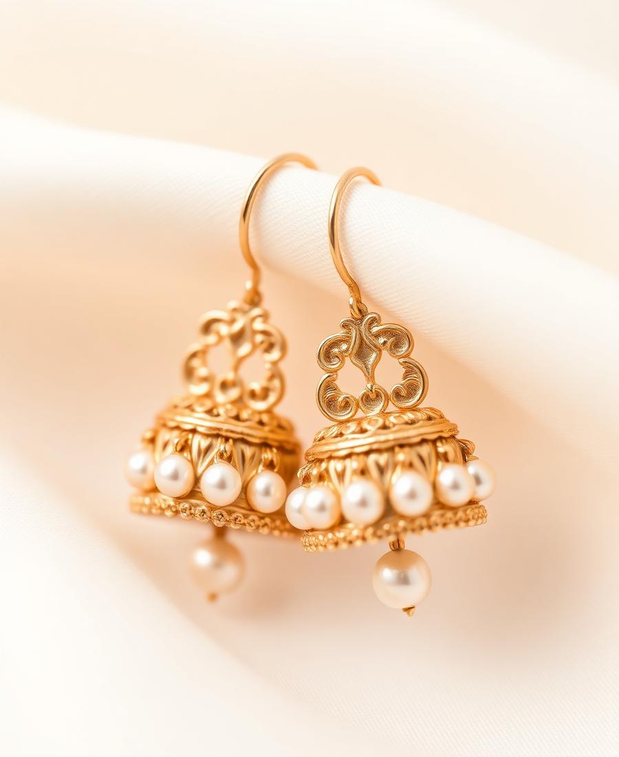 Gold jhumka earrings with pearl drops
