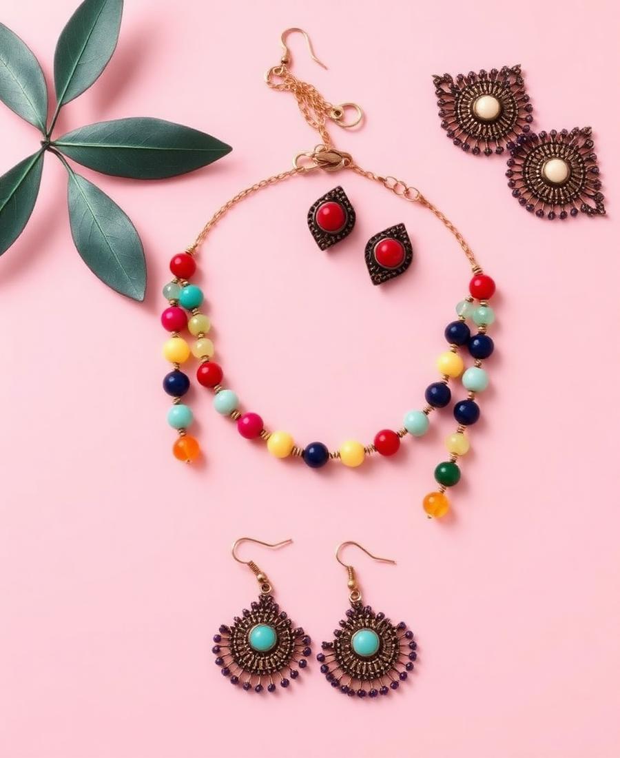 Colourful fancy artificial jewellery accessories flat lay