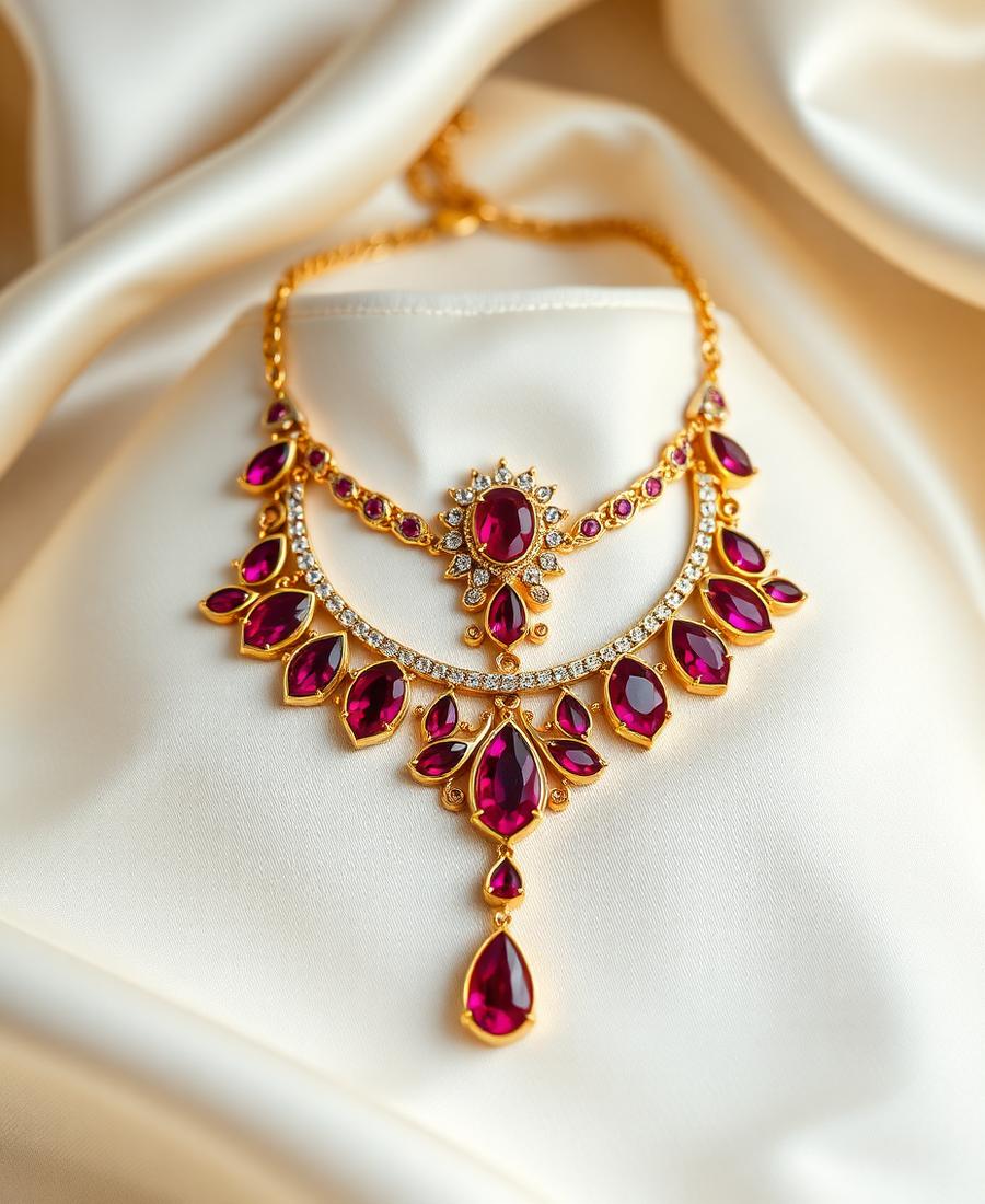 Gold necklace set with ruby stones on cream silk