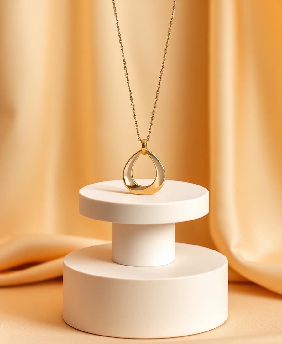 Modern gold pendant displayed on a cream pedestal