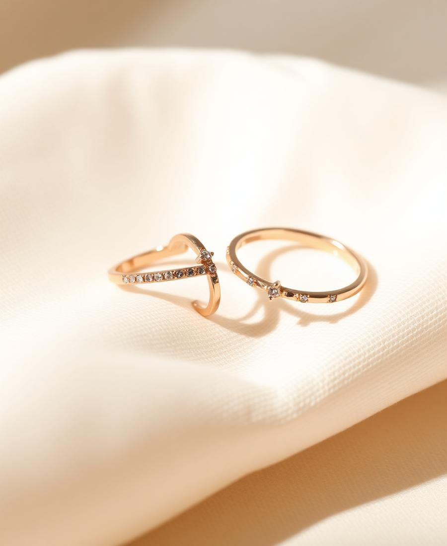 Rose gold rings with small stones on cream linen