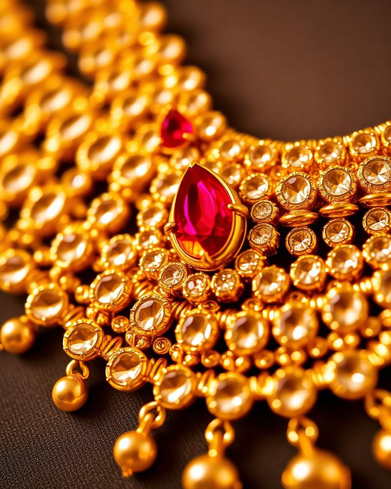 Close-up of a kundan gold necklace with a ruby stone