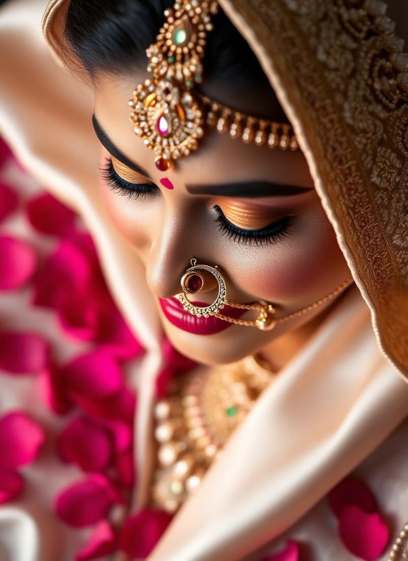 Bridal maang tikka and nose ring styled on a bride