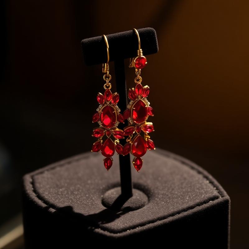 Ruby red chandelier earrings on a black velvet stand