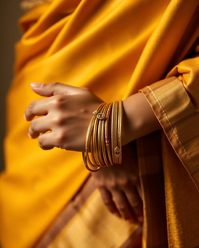 Gold bangles stacked on a wrist against a mustard saree