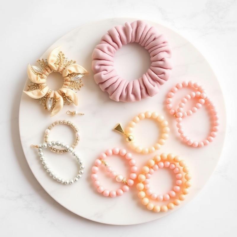 Pastel beaded fancy accessories on a white marble tray