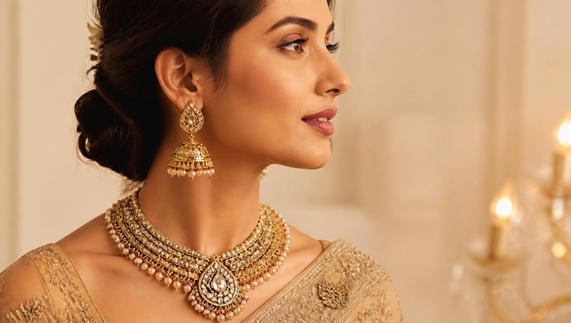 Elegant woman wearing traditional gold bridal necklace and jhumka earrings