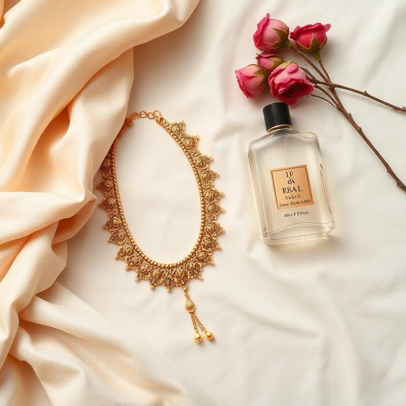 Gold necklace flat lay with silk and dried roses