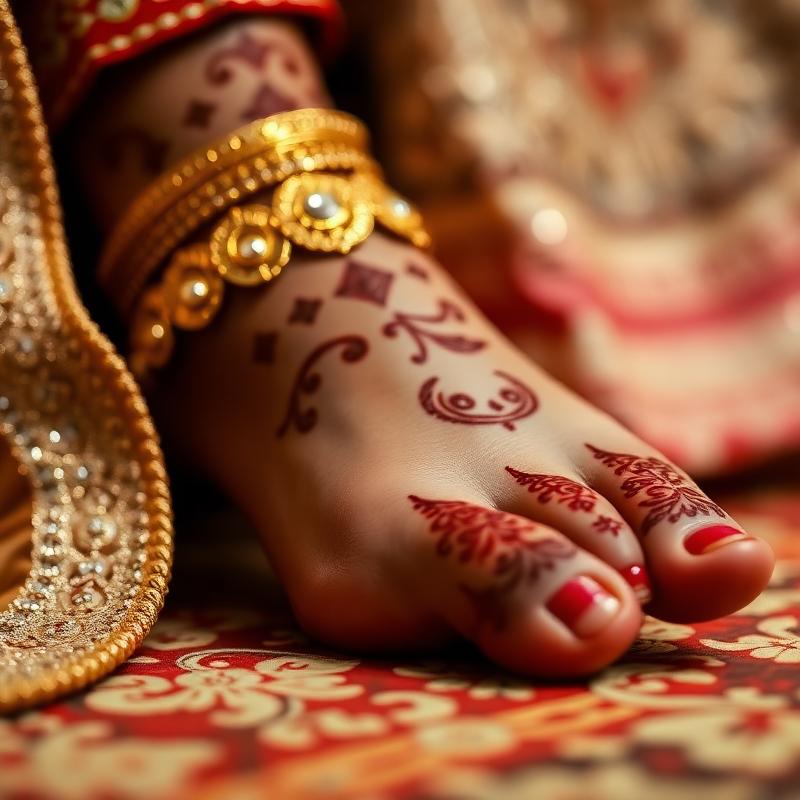 Gold anklet styled on bridal feet with mehndi