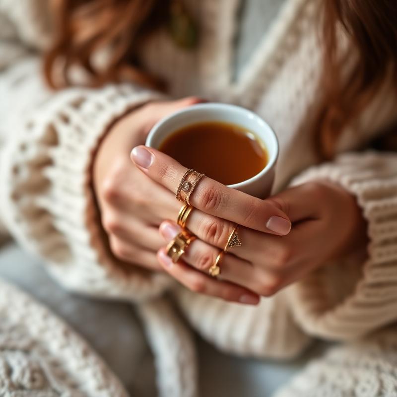 Stacked gold rings on a hand holding a cup of chai