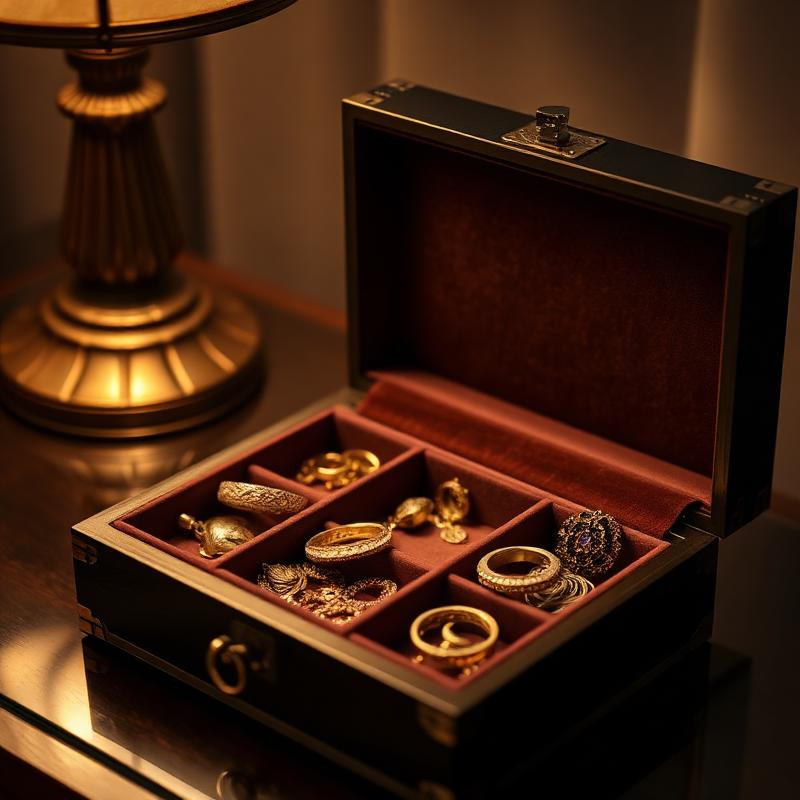 Open jewellery box with assorted gold ornaments