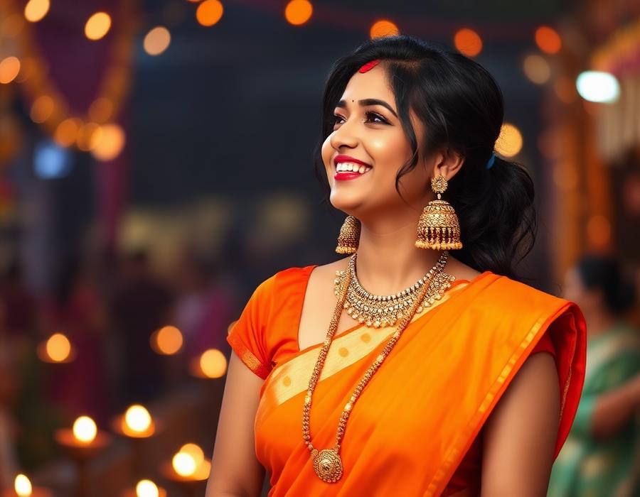 Woman in orange saree wearing gold jhumkas at a festival
