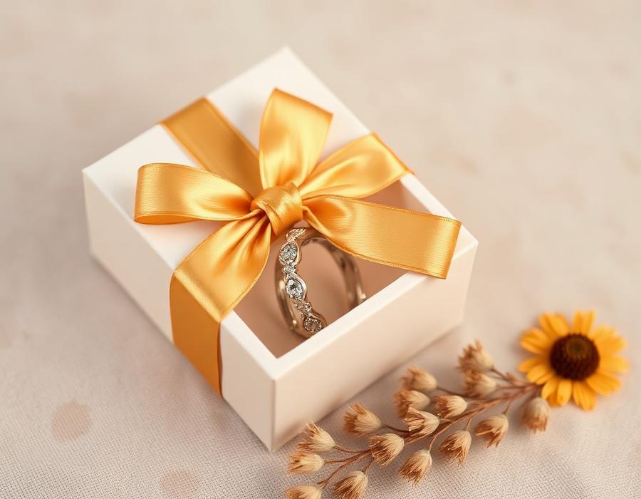Cream jewellery gift box with gold ribbon and dried flowers
