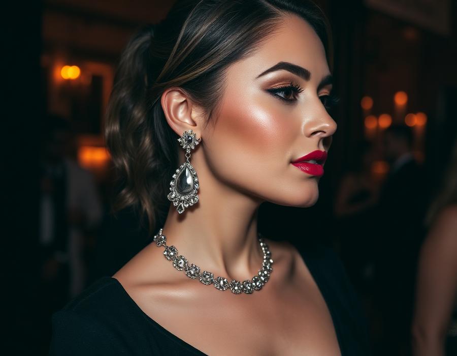 Woman wearing statement crystal earrings at an evening party