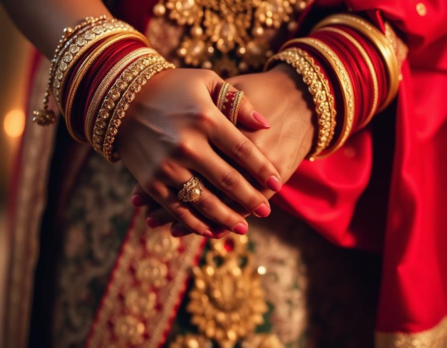 Bride's hands with gold bangles holding a red silk dupatta