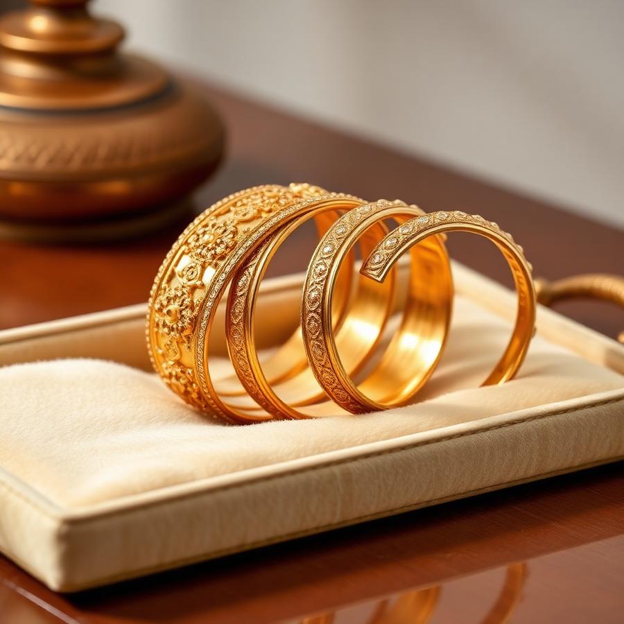 Traditional gold finish bangles on a cream velvet tray