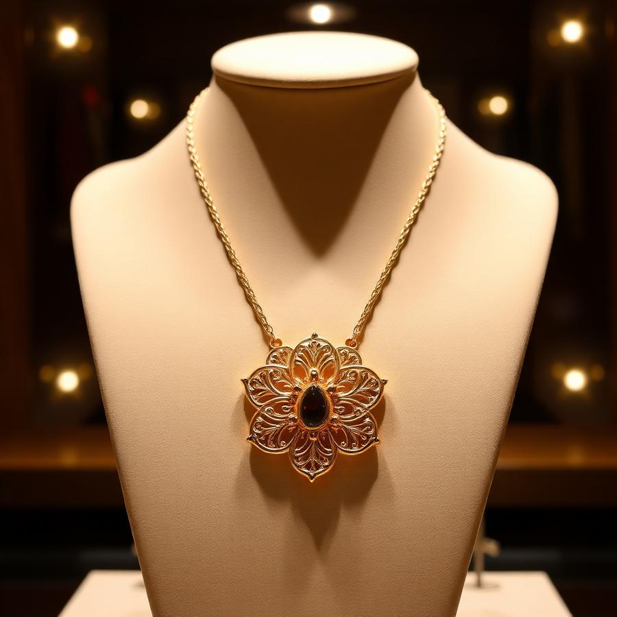 Designer gold necklace with floral filigree pendant on a bust stand