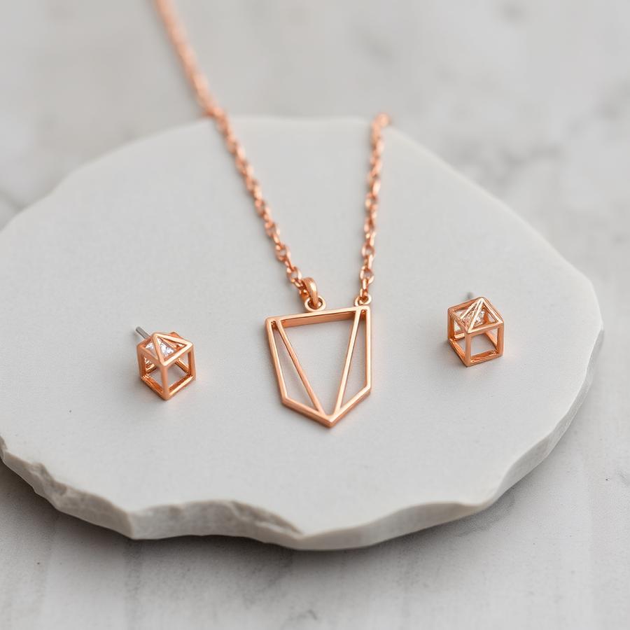 Modern rose gold geometric necklace and stud set