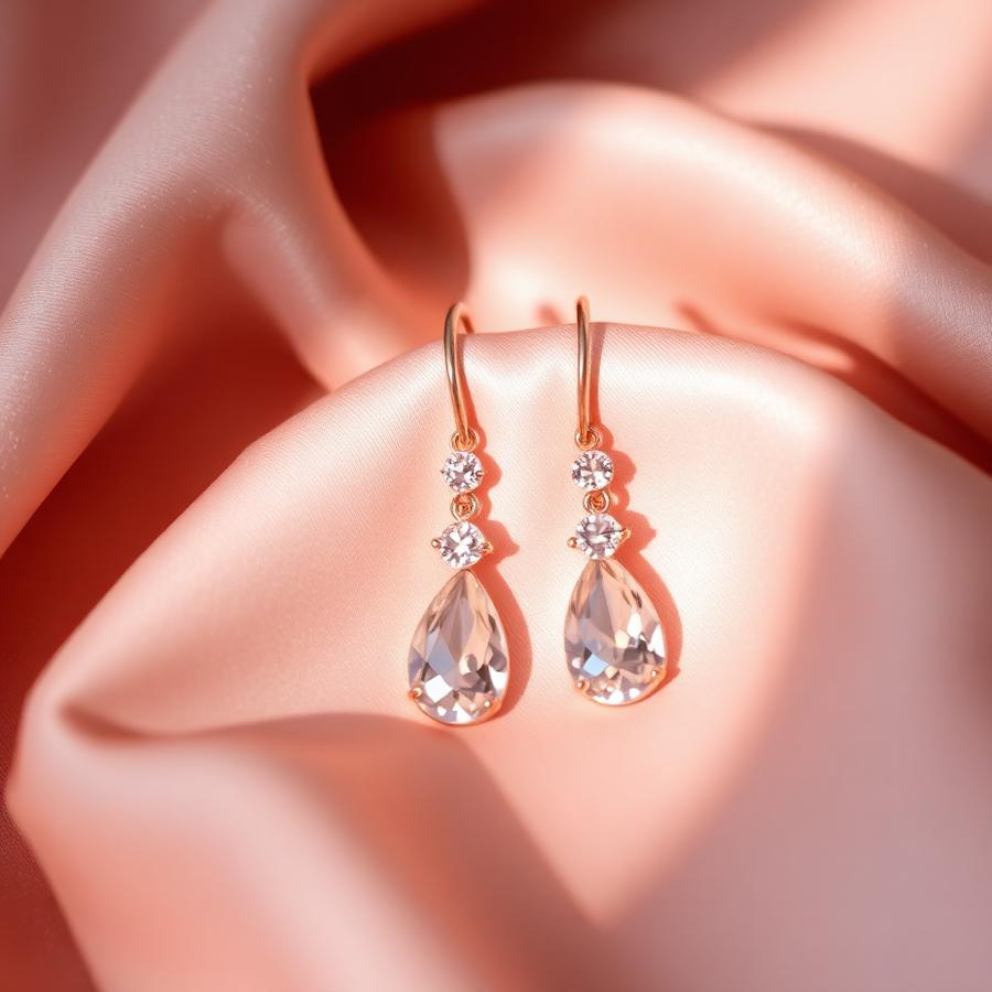Rose gold crystal drop party earrings on blush satin