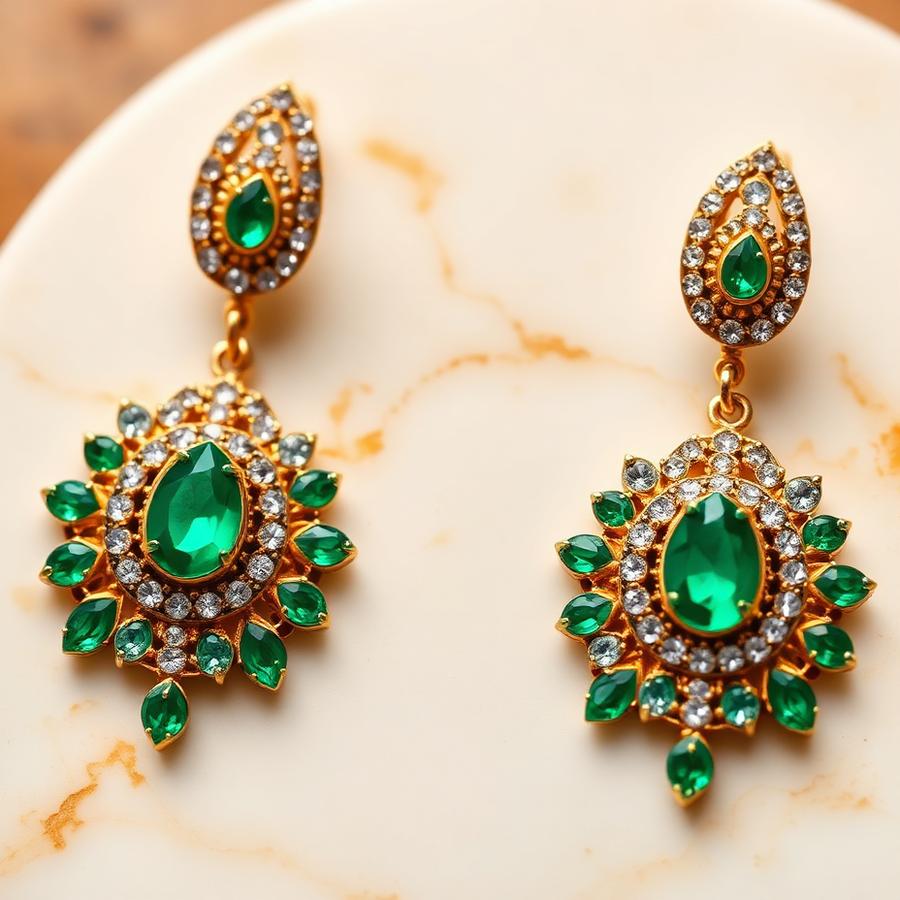 Green stone studded chandbali earrings on cream marble